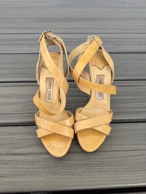 Jimmy Choo Patent Leather Strappy Heels in Tan